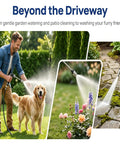 Man using Pro Grade 360 Degree Rotating Nozzle for Pressure Washer Three Spray Modes with dog and garden cleaning