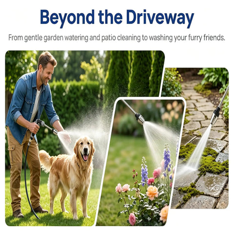 Man using Pro Grade 360 Degree Rotating Nozzle for Pressure Washer Three Spray Modes with dog and garden cleaning
