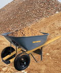 Wheelbarrow with wood replacement handles kit, 304 stainless nuts and bolts, filled with dirt at construction site