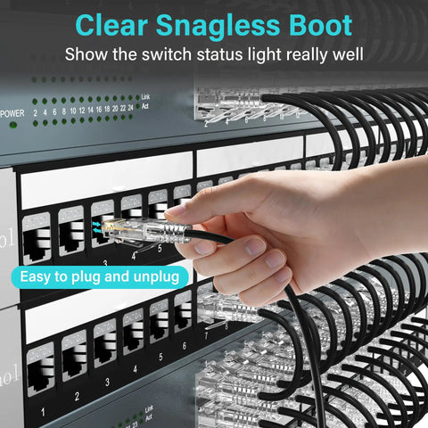 Plugging Cat6a Patch Cable 1.5ft into a switch with clear snagless boot, part of a 24 pack slim 28AWG UTP Ethernet cables for data centers.