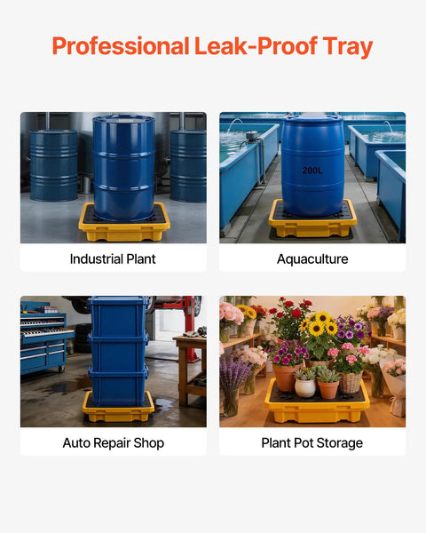 Low Profile Spill Containment Pallet For One Drum Built Tough Modular Platform With Drain 11.4 Gallon Sump in various settings.