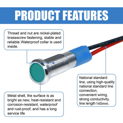 Stainless Steel Waterproof LED Indicator Light 12 24V IP66 Dash Lamp With 145Mm Wire 6Mm One Quarter Inch Flat Head Pilot Lamp For Cars Trucks Boats Marine Green Boss Grade All Weather Ready, angled view