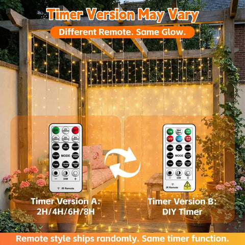 Cozy Bedroom Curtain Lights 200 LED Fairy String Lights 6.6x6.6 Feet Warm White With Remote on garden pergola at dusk.