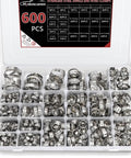 600 Piece 22 Size Single Ear Crimp Hose Clamp Kit, 304 Stainless Steel Pinch Clamps in storage case, 5.3 to 33.1mm
