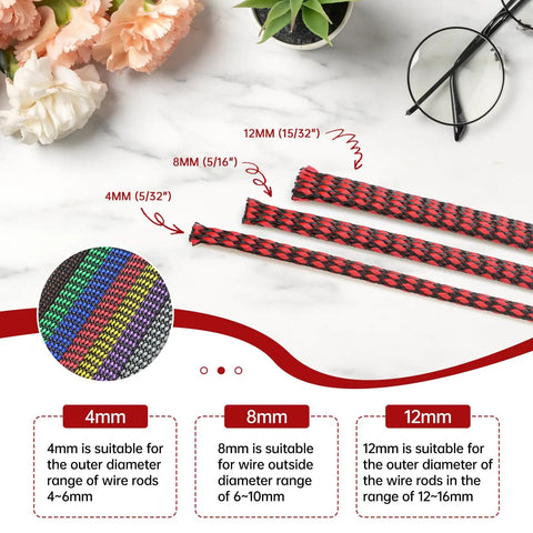 Expandable Braided Cable Sleeve With PP Yarn And PET Blend, 12mm diameter, multiple colors, wire diameter suitability guide