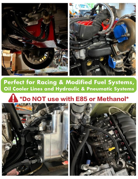 Must-Have 8AN CPE Fuel Line Kit With 20FT Nylon Braided Hose And 0 Degree Plus 90 Degree Swivel Fittings For High Performance Street Cars And Race Rigs installed on engine