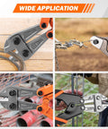 Close-up of 3 Piece Bolt Cutter Pliers Set With 14 Inch Heavy Duty Bolt Cutter, 8 Inch Mini Cutter and 8 Inch Wire Rope Cutter cutting wire.