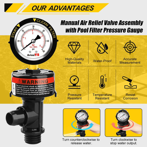AetralYB manual pool filter air relief valve with waterproof stainless steel pressure gauge, black body