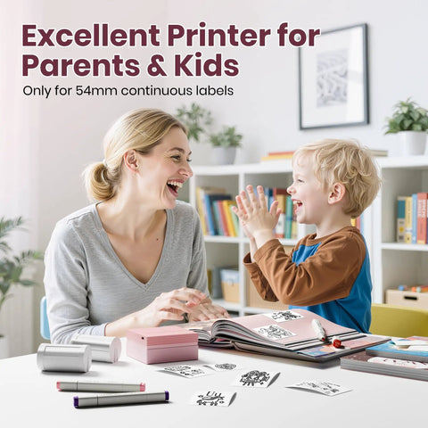 Mother and child using PM290C Portable Mini Sticker Printer Inkless Bluetooth Maker with Three Rolls of White Thermal Sticker Paper, Pink