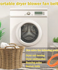 Portable Dryer Belt And Blower Fan Replacement For Compact 2.6 Cu Ft Dryers, shown near white dryer in small laundry room.