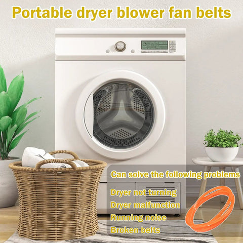 Portable Dryer Belt And Blower Fan Replacement For Compact 2.6 Cu Ft Dryers, shown near white dryer in small laundry room.