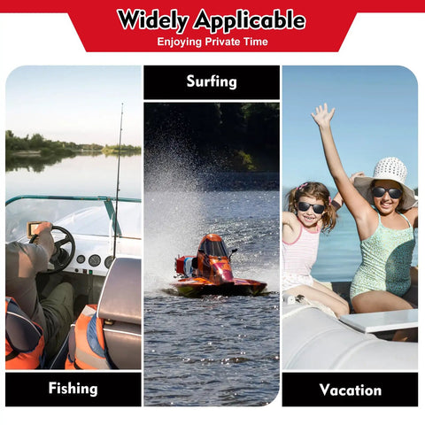 Widely applicable 2 Stroke 3.5HP Outboard Boat Motor With Air Cooling CDI System shown in fishing, surfing, and vacation activities