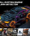 Amazon 12V DC EVAP smoke detector for automotive leaks; front-view diagram showing car systems and universal cone adapter