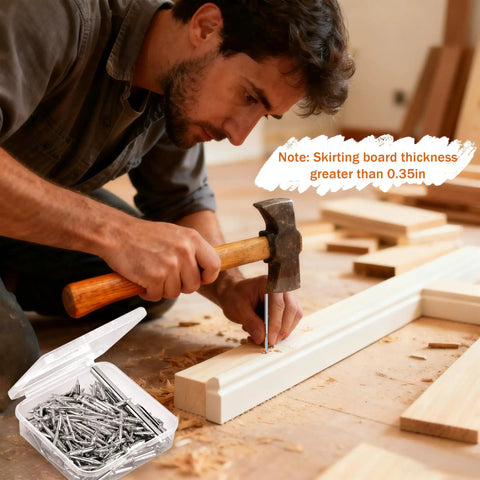 Man installing Double Head Skirting Nails For Seamless Baseboard Install With Invisible Finish and Flush Edges using a hammer on trim.