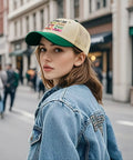 Woman wearing Funny Spare Time RV Camper Sun Hat For Dad Cool Cap in urban setting, beige with green brim.