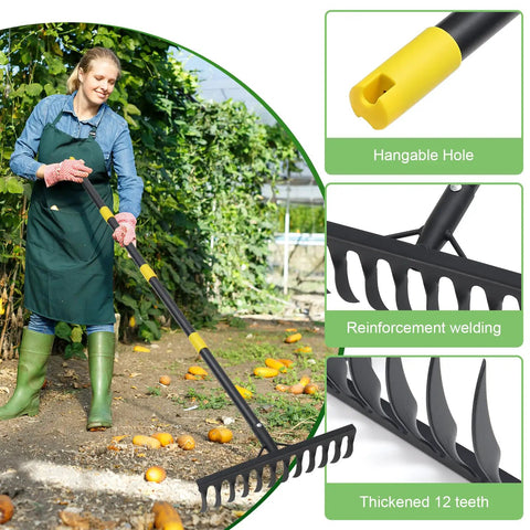 Heavy Duty Garden Rake With 78 Inch Handle And Twisted Tooth Tines 12 Metal Head Rake for soil loosening and leaf cleanup