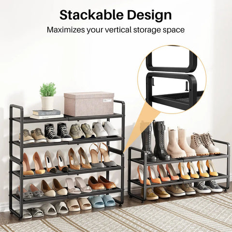 Expandable Metal Shoe Rack Organizer for Closet and Entryway Adjustable Two Tier Shoe Shelf with stacked design in use