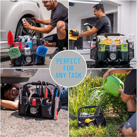 Grab And Go Quick Load Collapsible Car Detailing Caddy Organizer holding cleaning supplies and tools on various tasks