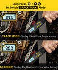 Digital Torque Wrench One Half Inch Drive With Preset Value And Data Storage, Range Five To Ninety Nine Point Five Ft Lb And Six Point Eight To One Thirty Five Nm, Two Percent Clockwise Accuracy, Buzzer And LED Alerts, Four Units Nm Ft Lb In Lb Kg Cm For showing track and peak display modes