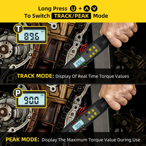 Digital Torque Wrench One Half Inch Drive With Preset Value And Data Storage, Range Five To Ninety Nine Point Five Ft Lb And Six Point Eight To One Thirty Five Nm, Two Percent Clockwise Accuracy, Buzzer And LED Alerts, Four Units Nm Ft Lb In Lb Kg Cm For showing track and peak display modes