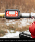 Inline 1 Inch Digital Turbine Meter for Chemical Transfers, Nickel Plated Housing, shown installed on industrial fuel pump
