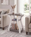 Two Piece End Table With Built In Charging Station For Your Couch And Bedside Modern Curved Nightstand Set Of Two Two AC Outlets USB Port Type C Port About Five Foot Power Cord Three Tier Open Storage, off-white wood