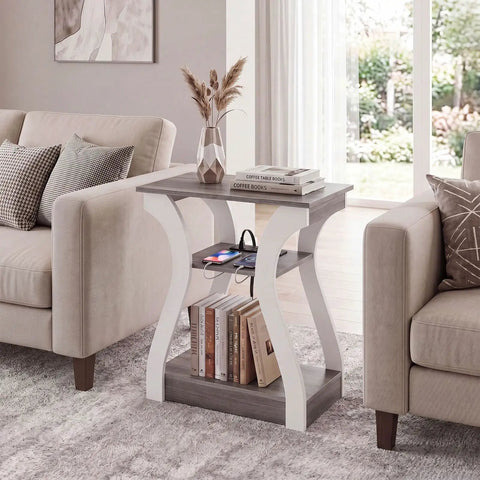 Two Piece End Table With Built In Charging Station For Your Couch And Bedside Modern Curved Nightstand Set Of Two Two AC Outlets USB Port Type C Port About Five Foot Power Cord Three Tier Open Storage, off-white wood