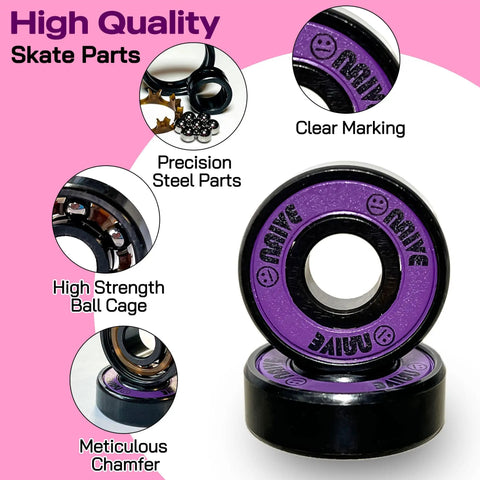 Skateboard Bearings 8mm 8 Pack Pro Grade ABEC 608 Set For Longboards Cruisers Surfskates Inline Skates Quad Roller Skates All Skates Fit 8x22x7mm Neon Purple displayed with close-up details of precise steel parts and high strength ball cage on a pink background.