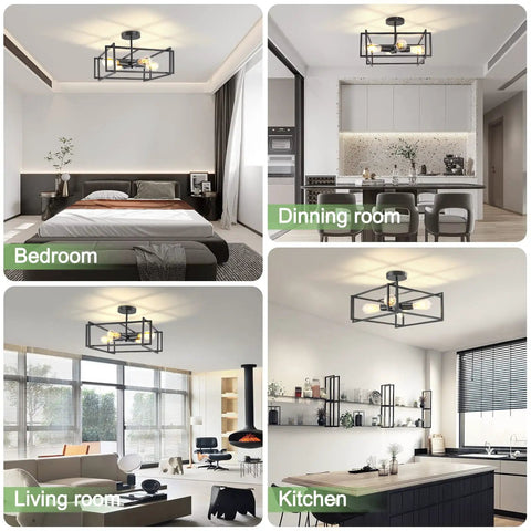 Four Light Black Semi Flush Mount Ceiling Light Fixture with Industrial Farmhouse Style in various rooms.