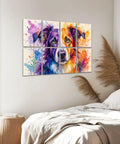 Colorful dog art decor on wall above bed, vibrant illustration in eight panel format, perfect for home studio ambiance.