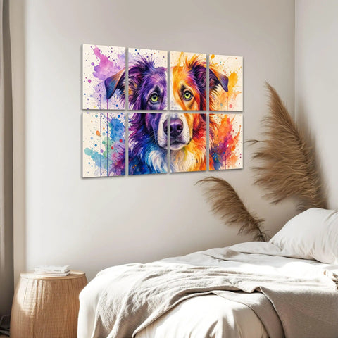 Colorful dog art decor on wall above bed, vibrant illustration in eight panel format, perfect for home studio ambiance.