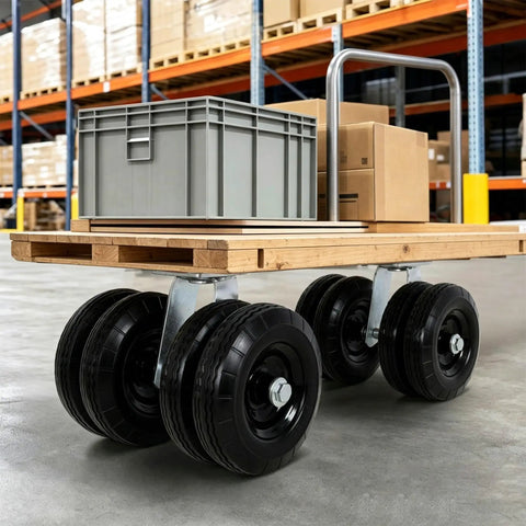 8 Inch Black Flat Free Swivel Caster With Dual PU Foam Wheels And Roller Bearings Heavy Duty 660 Lbs Load Capacity Zinc Plated Industrial Caster For Rough Floors And Fragile Equipment Transport under a pallet cart