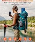 Person using Solar Charger Power Bank 40000mAh With PD 20W Fast Charging Built In 4 Cables Dual Bright Flashlights IP67 Waterproof on backpack