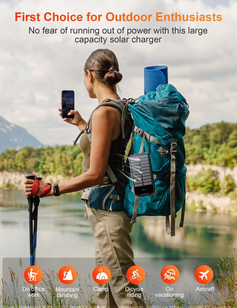 Person using Solar Charger Power Bank 40000mAh With PD 20W Fast Charging Built In 4 Cables Dual Bright Flashlights IP67 Waterproof on backpack