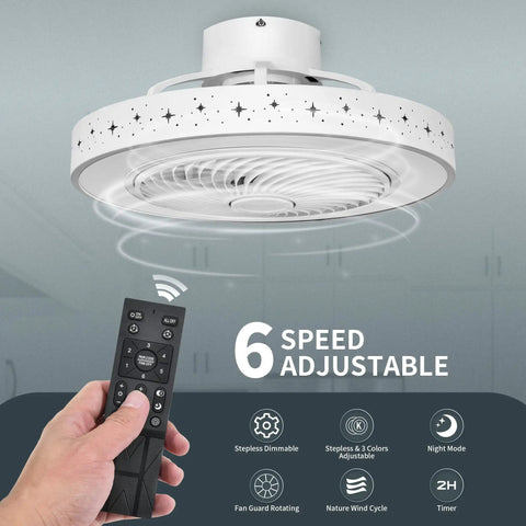 Dope Bladeless Ceiling Fan With Light for Small Spaces, 20 Inch Flush Mount, remote control, modern white finish