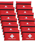 Front view of 12 red mini first aid kit pouches with black zippers and white cross symbols