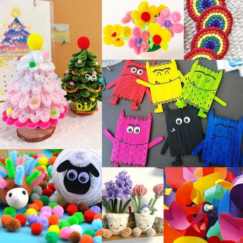 All-In-One Kids Arts And Crafts Kit With Glitter Glue Sticks, Pipe Cleaners, Pom Poms And Craft Tools For DIY Projects, Perfect Gift For Girls And Boys Aged 4 Plus, Sparks Creativity And Fun For Busy Craft Time featuring colorful crafts