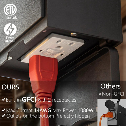 Close-up of black outdoor wall mount porch light with two built-in GFCI outlets, one in use with red plug, weatherproof fixture.