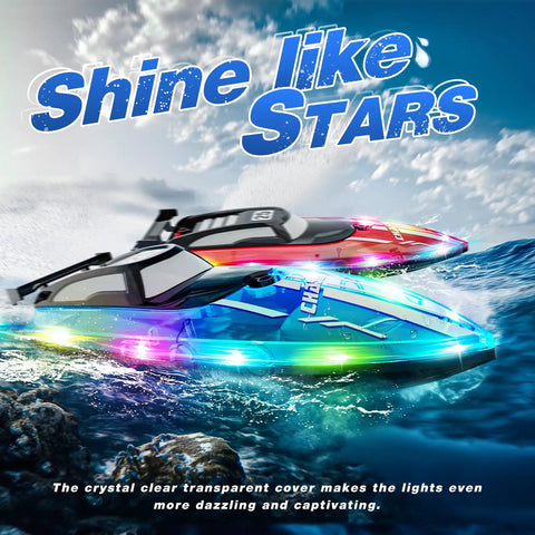Fast Remote Control RC Boat With LED Lights For Pools And Lakes 2 4GHz Racing Electric Boat For Kids Ages 8 To 12 shown racing in water.
