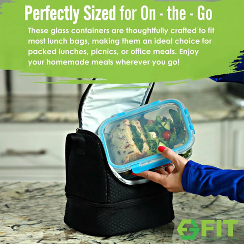 Glass Meal Prep Containers With Lids 32 Oz 4 Pack 2 And 3 Compartments in lunch bag on kitchen counter