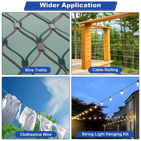 One Eighth Inch Wire Rope Kit applications: wire trellis, cable railing, clothesline wire, string light hanging kit