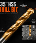 135° HSS drill bit, durable construction, self-centering point, deep chip-clearing flutes for metal drilling