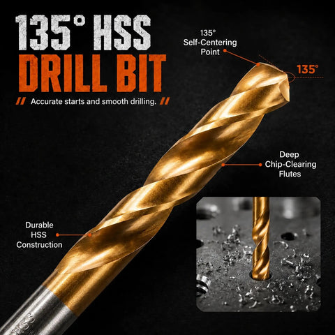135° HSS drill bit, durable construction, self-centering point, deep chip-clearing flutes for metal drilling