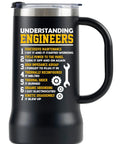 24oz Stainless Steel Beer Stein Tumbler With Lid For Engineers And Gearheads, humorous engineering list printed, side view