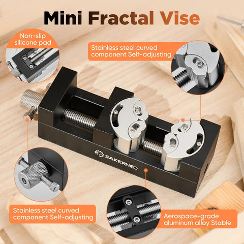 Heavy Duty Fractal Vise, Self Adjusting Drill Press Bench Clamp in black with stainless steel components on wooden surface.