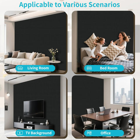 12 Pack Large Acoustic Wall Panels Covering 92.8 Square Feet With Solid Peel And Stick Sound Absorbing Backing To Knock Down Echoes And Elevate Your Home Studios Offices Or Media Rooms In Black showcased in living room, bedroom, office, and TV background.