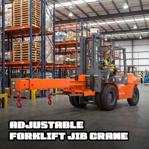 Built Tough Fork Mounted Jib Crane Boom Lift 6613 Lbs Capacity mounted on forklift in warehouse with dual swivel hooks.