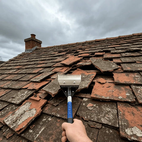 Legit Heavy Duty Two In One Roof Shingle Removal Shovel With Built In Nail Puller Comb And Short D Handle Made From Tough Carbon Steel used on damaged roof shingles.