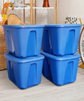 4 Pack 18 Gallon Blue Plastic Storage Bins With Lids stacked in a home setting, heavy duty molded stackable totes for organization