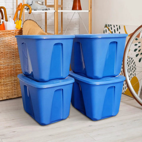 4 Pack 18 Gallon Blue Plastic Storage Bins With Lids stacked in a home setting, heavy duty molded stackable totes for organization